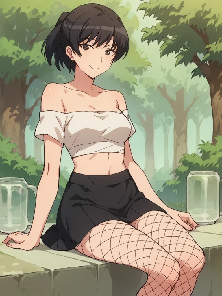 score_9, score_8_up, score_7_up, 
1girl, tsukahara hibiki, black hair, ponytail, black eyes,
medium breasts,
sitting, outdoors, park, smile, looking at viewer, off shoulder, white tube top, midriff, black skirt, tight skirt, fishnet legwear, 