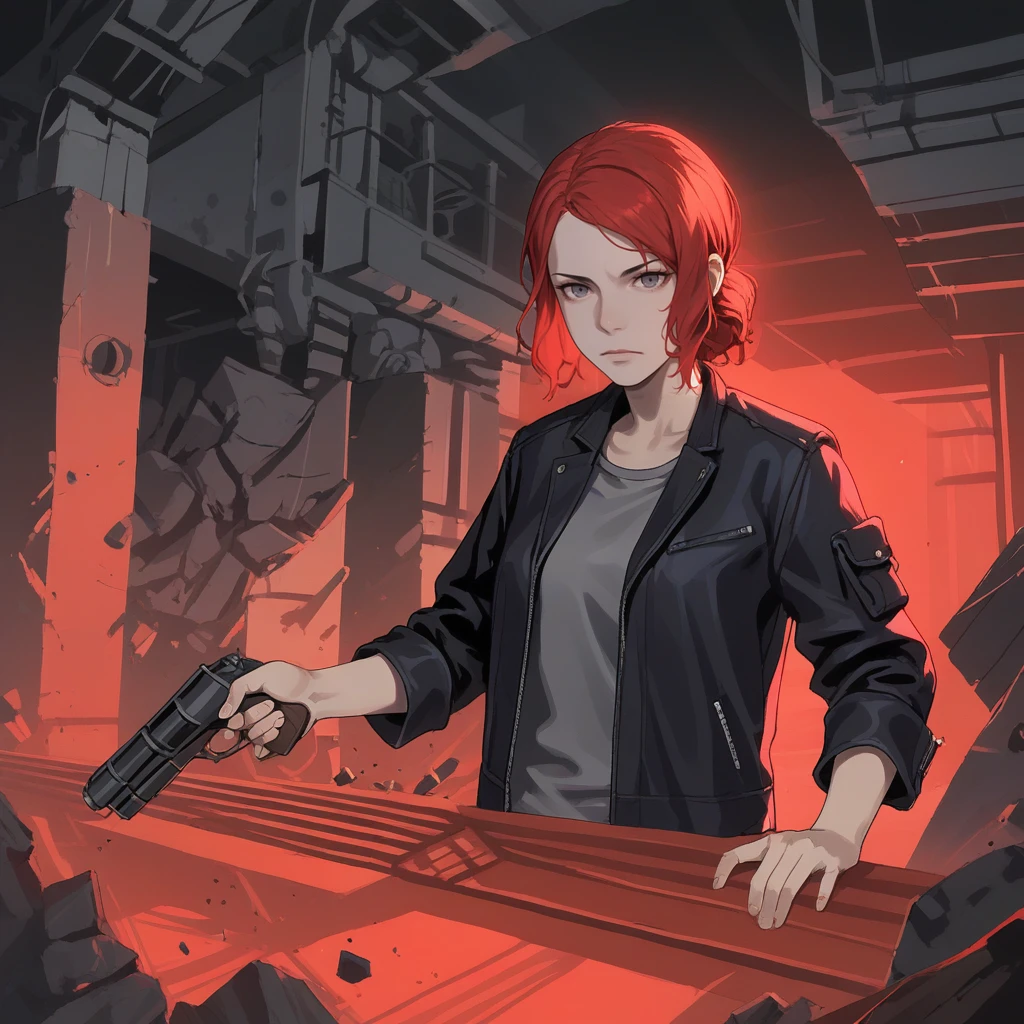 score_9, score_8_up, score_7_up, score_6_up, score_5_up, score_4_up, zPDXL2,source_anime, rating_questionable, 1girl, solo, <lora:Jesse_Faden_-_Control:0.8> j3sse, red hair,black jacket, grey shirt, hand gun, concrete architecture, red lighting, interior