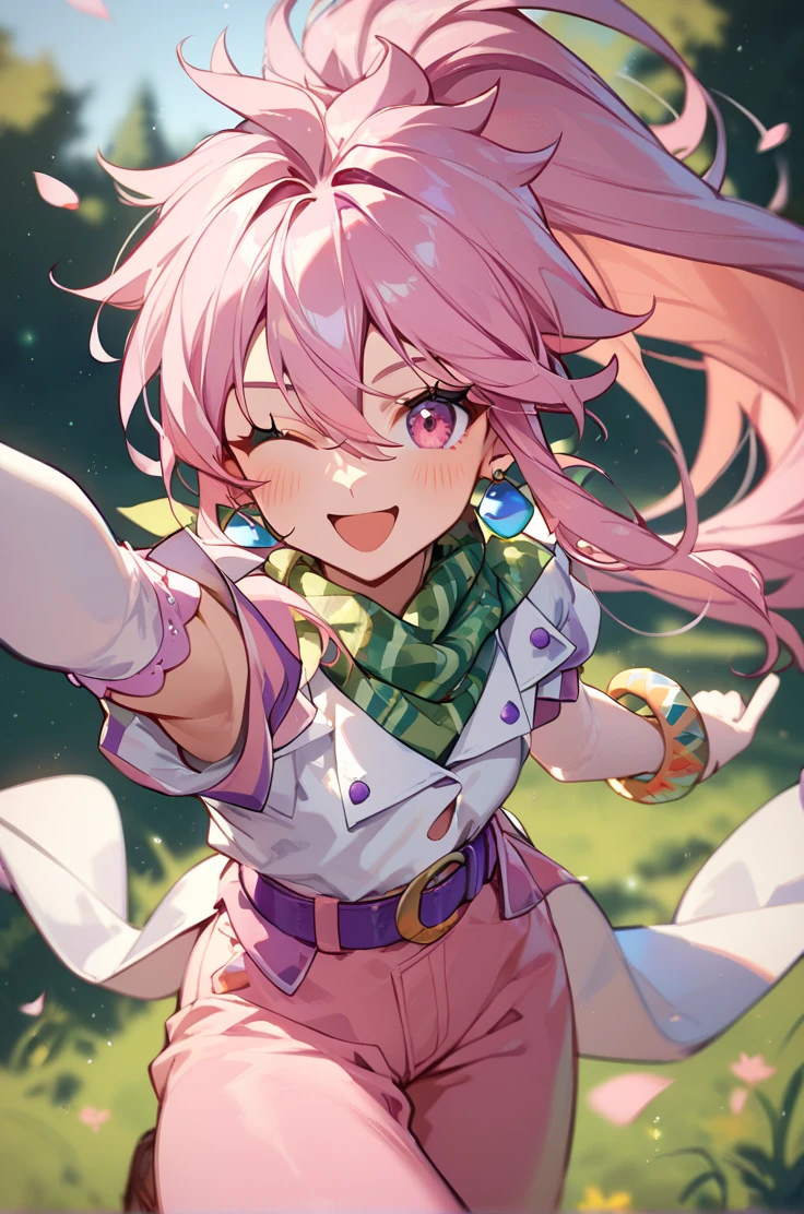 score_9, score_8_up, score_7_up, source_anime, 
blurry background,
pov, wink, pointing, cowboy shot, open smile, blush,
<lora:arche_autismConfetti_v02:1>archebase, pink hair, high ponytail, pink eyes,  long hair, earring, hair between eyes,
white shirt, belt, pink pants, puffy pants, elbow gloves, purple belt, bracelet, green short scarf,, zPDXL