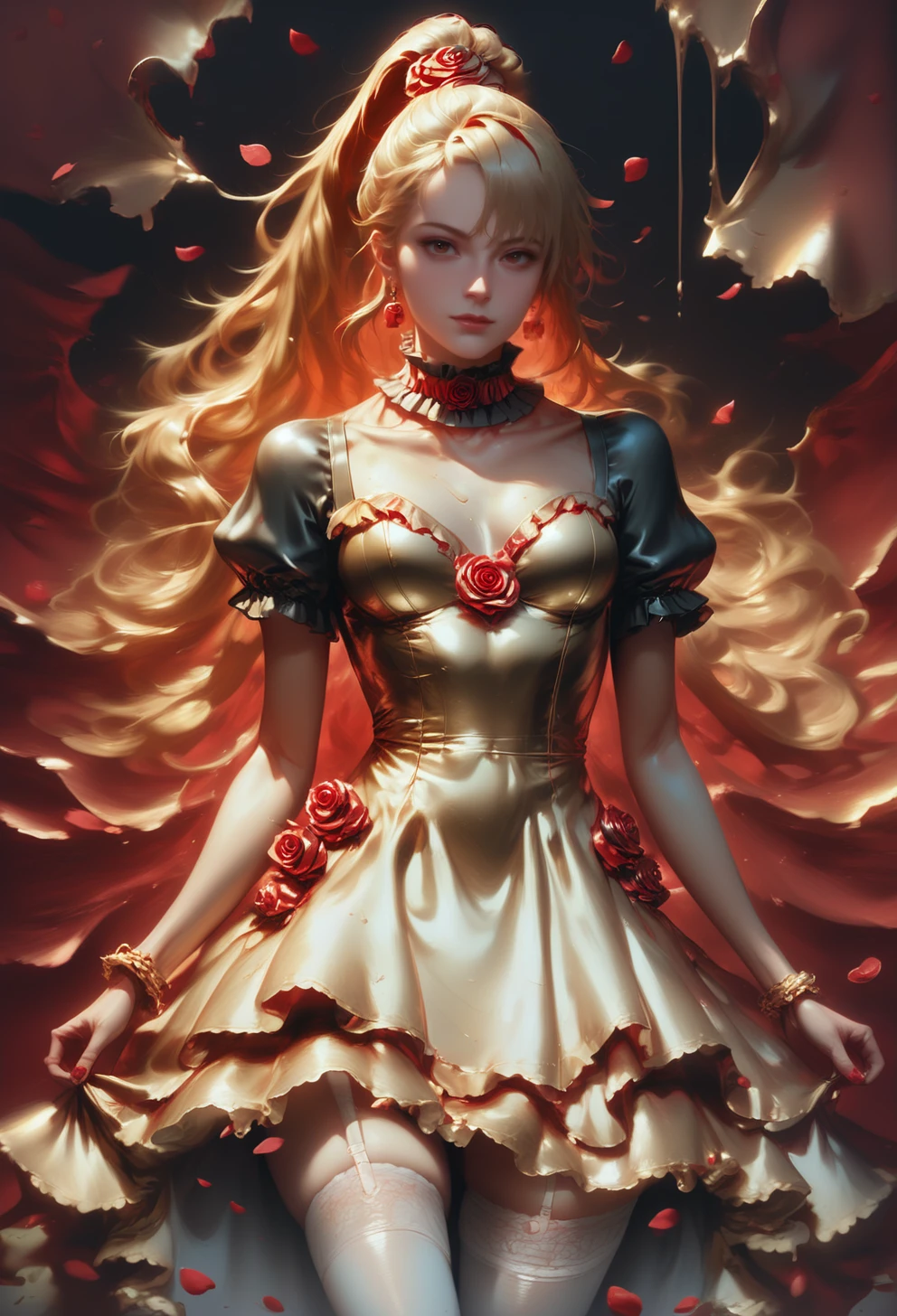 score_9, score_8_up, score_7_up, 1woman, ruffled choker, stockings, dolleij01py <lora:Dolleij01PY-000003:0.8>, blonde hair, high ponytail, side bangs, very long bangs, wearing a chiffon dress, detailed with red rose petals, red rose petals, dress made out of red rose petals, made out of mlrngldpy  <lora:PONYmoltengold-000007:1>