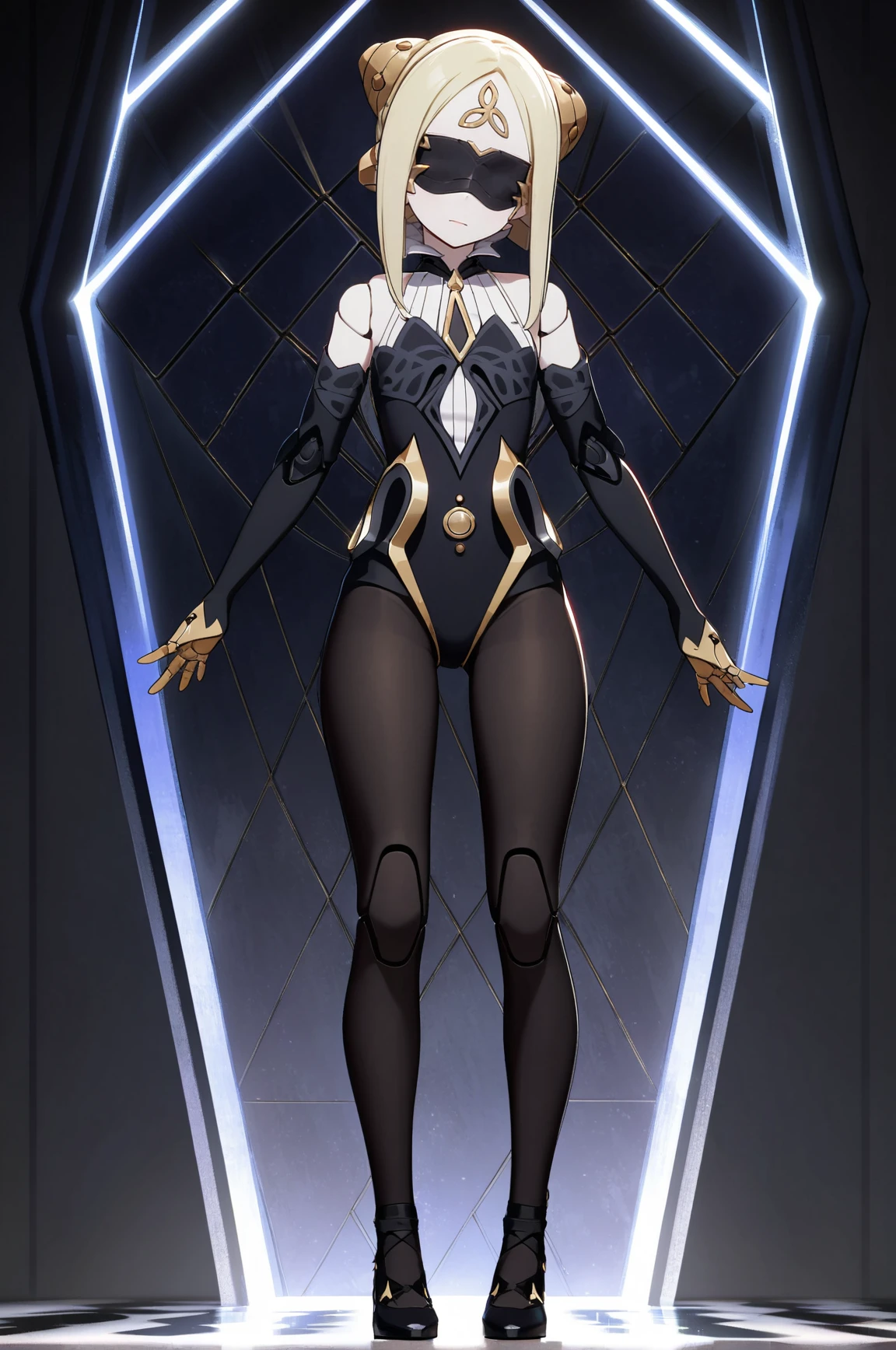 1girl, full body, best quality, high detail, 
<lora:qianren-A3-Tanger-000010:0.7>, qianren, qianren's def clothes, 1girl, blindfold, blonde hair, pantyhose, joints, black shoes, 
Confident, stunning figure, head high, eyes sparkling, magnetic presence, commanding attention, self-assured, charismatic, captivating., 
dynamic pose, extreme aesthetics, art photography, film lens, film light and shadow, 
simple_black_background, black and white theme, Sense of coordination, sense of order, mathematics beauty, (cover design), (cover art), ((trim)), album_art, official art, (Master's work), 
chessboard, chess, white geometry, black geometry, reflection, crystal_art, pattern_design, creative, Mystery pattern, black crystal decorate, black crystal, (architectural art), ((geometric art)), pattern design, creative, 
------, 
Low saturation, grand masterpiece, Perfect composition, film light, light art,