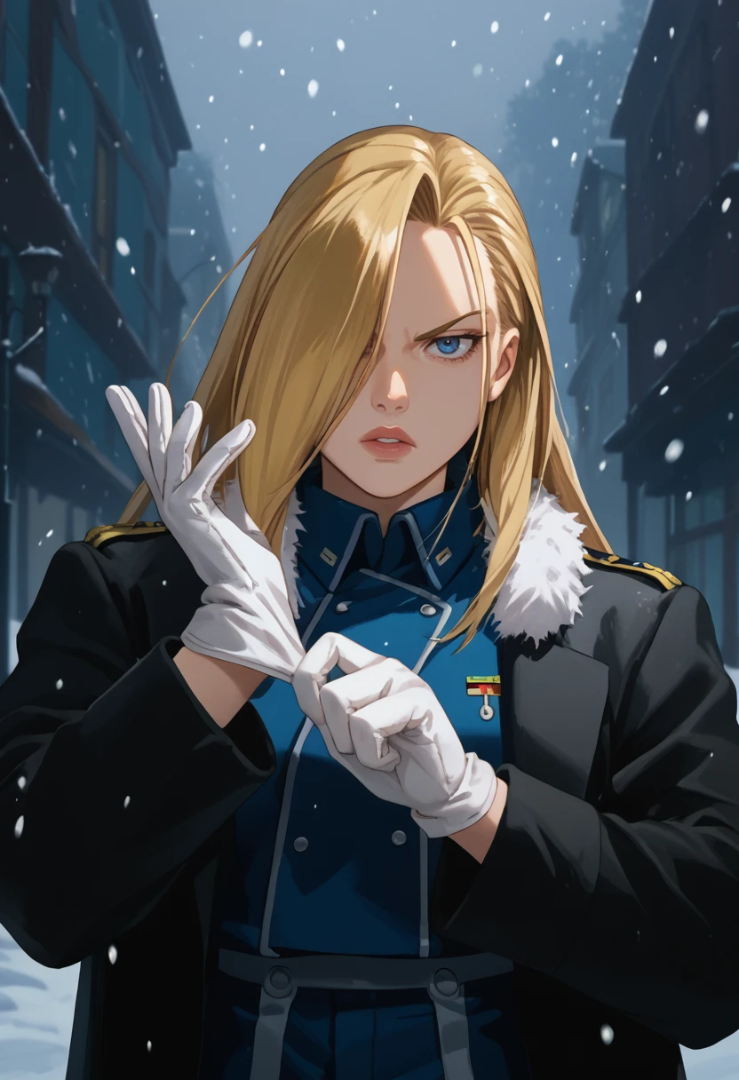 score_9, score_8_up, score_7_up, source_anime, upper body, solo, 1girl, olivier armstrong, parted lips, looking at viewer, adjusting clothes, adjusting gloves, hair over one eye, amestris military uniform, fur trim, black coat, fur-trimmed coat, open coat, long sleeves, blue jacket, white gloves, snowing, outdoors <lora:fma_olivierarmstrong_ponyXL:1> <lora:AdjustingGloves_XLPD:1>