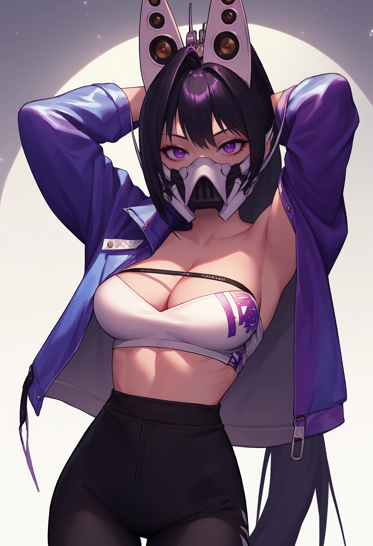 score_9, score_8_up, score_7_up, source_anime BREAK 1girl, solo, <lora:sin-nikke-richy-v1_pdxl:1> snnkk, purple eyes, black hair, ponytail, very long hair, bangs, mask, headgear, purple jacket, off shoulder, bandeau, strapless, cleavage, breasts, midriff, black pants, standing, looking at viewer, arms behind head, arms up