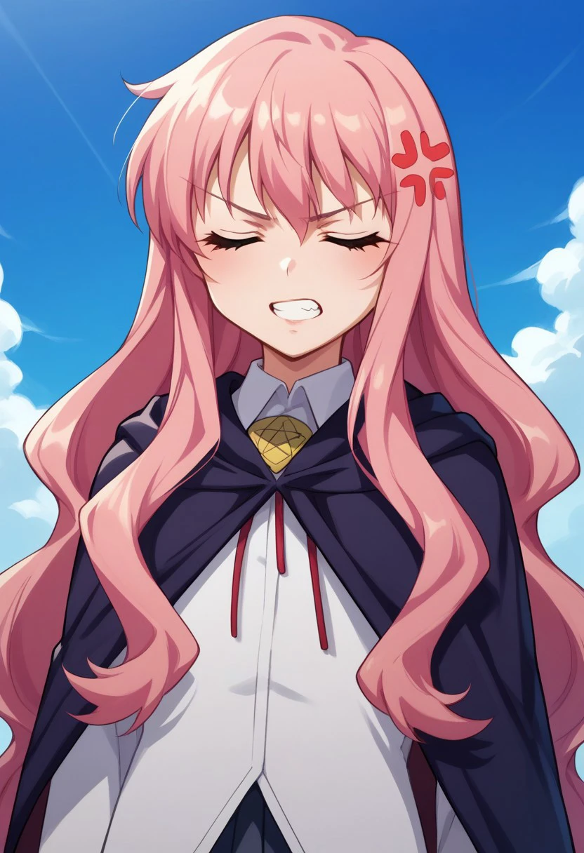 score_8_up, score_7_up, source_anime, highly detailed, 
louisezero, 1girl, solo, long hair, pentacle, cape, pink hair, closed eyes, upper body, bolo tie, shirt, white shir anger vein, teeth, parody
outdoor, sky,