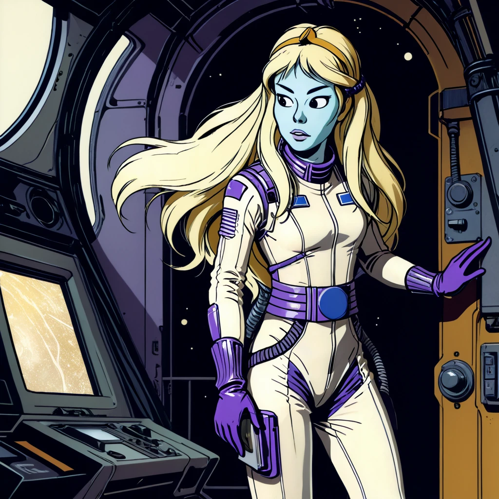 masterpiece, best quality, ultra_detailed, highres, absurdres, khany \(yoko tsuno\) <<lora:khany_xl_v4:1>, 1girl, solo, blonde hair, long hair, colored skin, blue skin, standing, hand on own hip, looking at viewer, light purple spacesuit, gloves, cockpit, graphic novels illustration, 1990s \(style\), traditional media, retro artstyle, futuristic, science fiction, (intricate details, extremely detailed:1.15), (ultrahigh resolution textures), (volumetric, cinematic) lighting