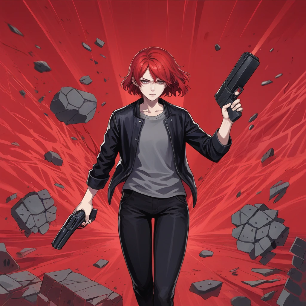 score_9, score_8_up, score_7_up, score_6_up, score_5_up, score_4_up, zPDXL2,source_anime,rating_questionable, <lora:Jesse_Faden_-_Control:0.8> j3sse, red hair, black jacket, grey shirt, black pants,holding handgun, red psychedelic background, red background, concrete rubble, floating rubble