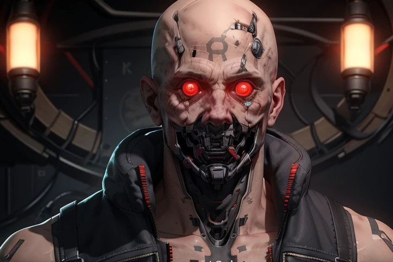 (masterpiece), best quality, expressive eyes, 1boy, solo, perfect face, MaelstromCybertronicsV3, red eyes, red glow, cybernetic eyes, removed jaw, bald, cybernetic anatomy, , <lora:835f45db-03df-4054-b6a2-76d00558cff1:0.7>