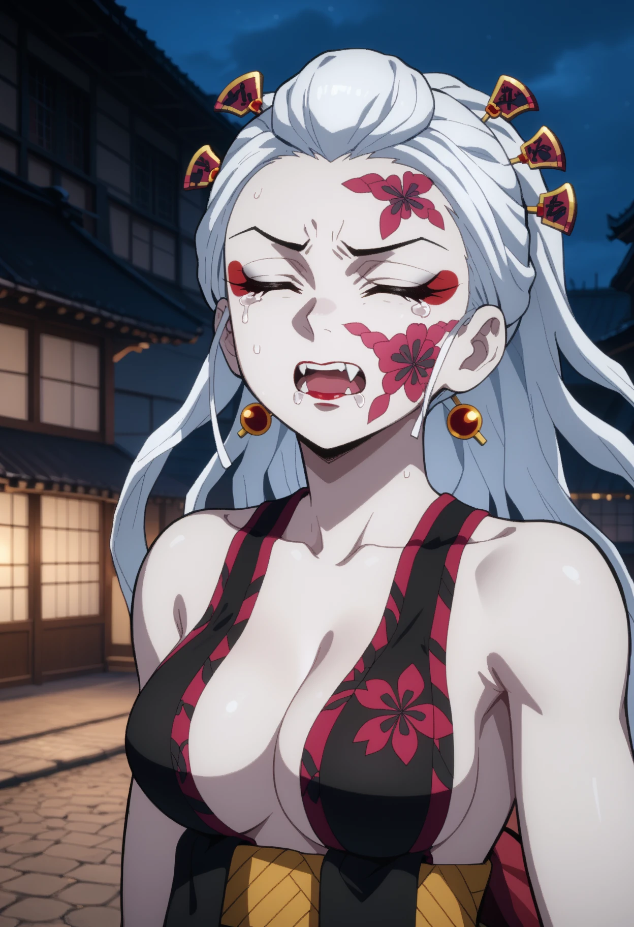 score_9,
<lora:KimetsuNoYaiba_DakiXL:0.9>, DakiKnY,
1girl, solo, wavy mouth, open mouth, crying, fangs,
white hair, closed eyes, long hair, hair ornament, hair stick, facial mark, makeup, lipstick,
(colored skin:1.2),
japanese clothes, bare shoulders, print bra, black bra, navel, upper body,
facing viewer, standing, looking at viewer,
outdoors, blurry background, photo background, night, building, wood