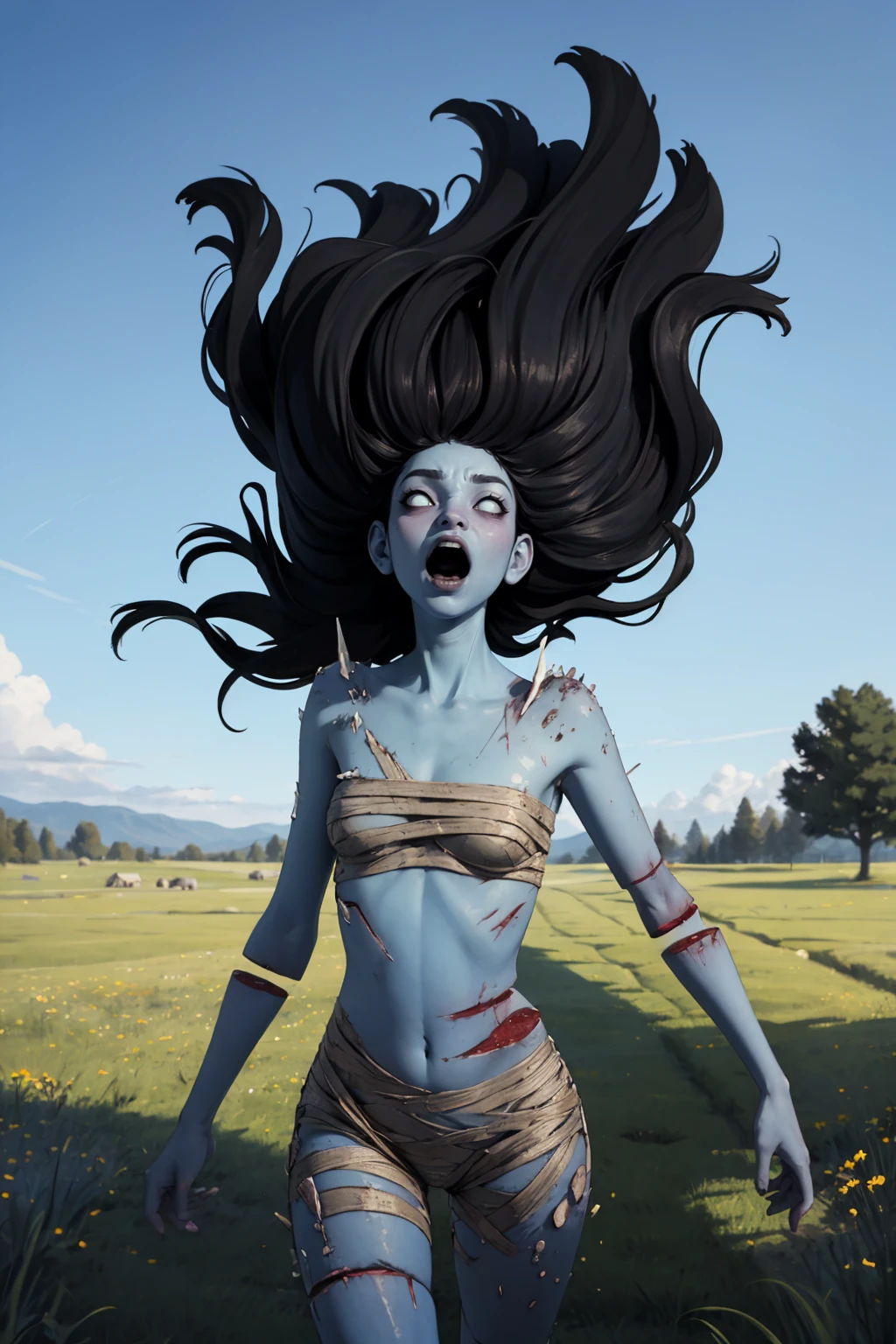 masterpiece, best quality,
1girl, spdbdl,  black hair, very long hair, floating hair, white eyes, no pupils, blue skin,
bandages, injury, navel, open mouth, sarashi,
solo, looking at viewer, grass, blue sky, meadow background  <lora:SpiritDeadByDaylight:1>