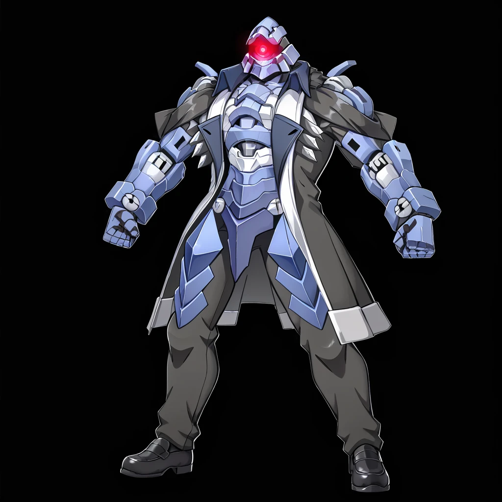 highres, absurdres, HSRSvarog, no humans, 1boy, male focus, mecha, humanoid robot, glowing eye, red eyes, one-eyed, monoeye, BREAK black jacket, black loafers, clenched fist, <lora:HSRSvarog_SDXL-000004:0.8>, BREAK <lora:p4tr0nusXLP:1> p4tr0nus, glowing, black background, blue theme