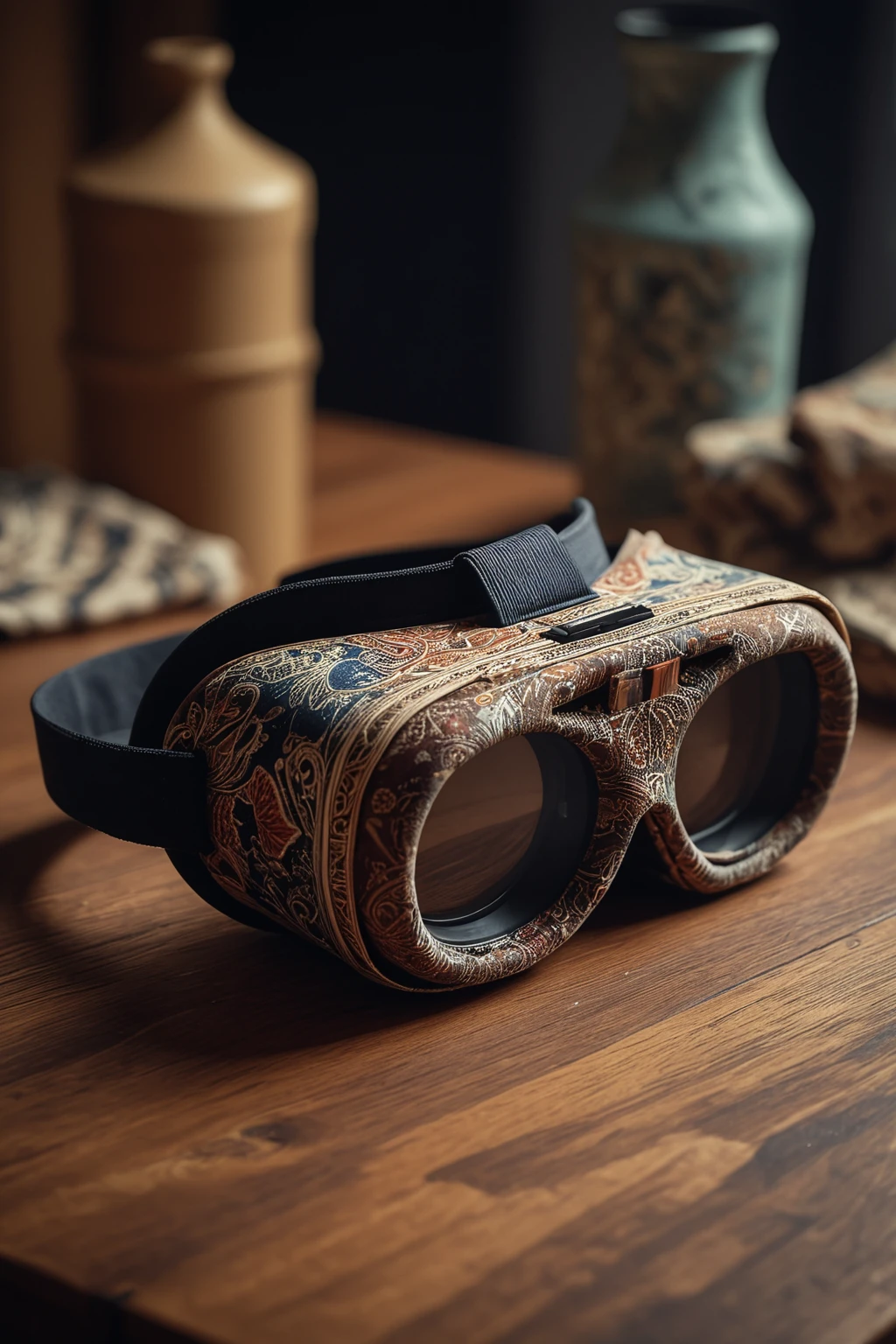 cinematic still a VR Goggles made out of batik fabrics on the table, masterpiece, UHD, sharp and in focus, <lora:Indonesian_Batik_Morph:1> . emotional, harmonious, vignette, highly detailed, high budget, bokeh, cinemascope, moody, epic, gorgeous, film grain, grainy