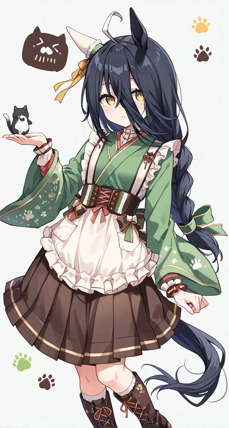 score_9,score_8_up,score_7_up,
official art,official style,game cg,megami magazine,
1girl,
mht verdant night,manhattan cafe (umamusume),manhattan cafe (verdant night) (umamusume),
ahoge,animal ears,black hair,blush,boots,corset,cross-laced footwear,
ear covers,green kimono,highres,horse ears,horse girl,japanese clothes,kimono,
lace-up boots,long bangs,long hair,long sleeves,maid,official alternate costume,official alternate hairstyle,
single ear cover,wa maid,yellow eyes,apron,hair between eyes,multicolored hair,
shirt,waist apron,white shirt,wide sleeves,horse tail,tail,brown skirt,pleated skirt,skirt,
bow,braid,braided ponytail,ear ribbon,green bow,grey background,hair bow,ribbon,
yellow ribbon,frilled apron,frills,brown corset,frilled kimono,paw print,eyelashes,low-tied long hair,
single braid,green ribbon,hair ribbon,
standing,
<lora:umamusume_manhattan_cafe_verdant_night_pony_v1:1>,