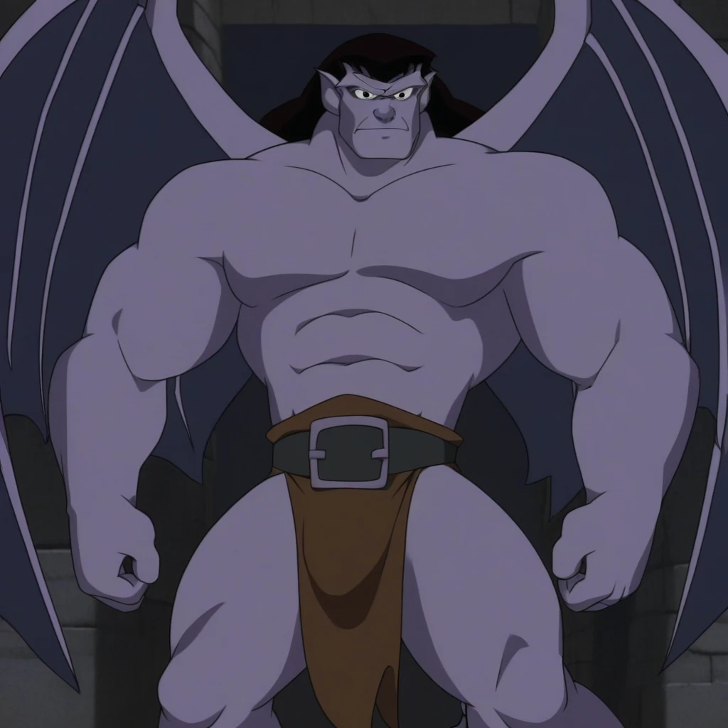 goliath, bara, tall muscular figure, flexing arms, muscular pecs, six pack abs, muscular arms, loincloth, black hair, tail, highly detailed face, highly detailed eyes, looking at viewer, serious face, arms at side, high quality, large open wings in a castle