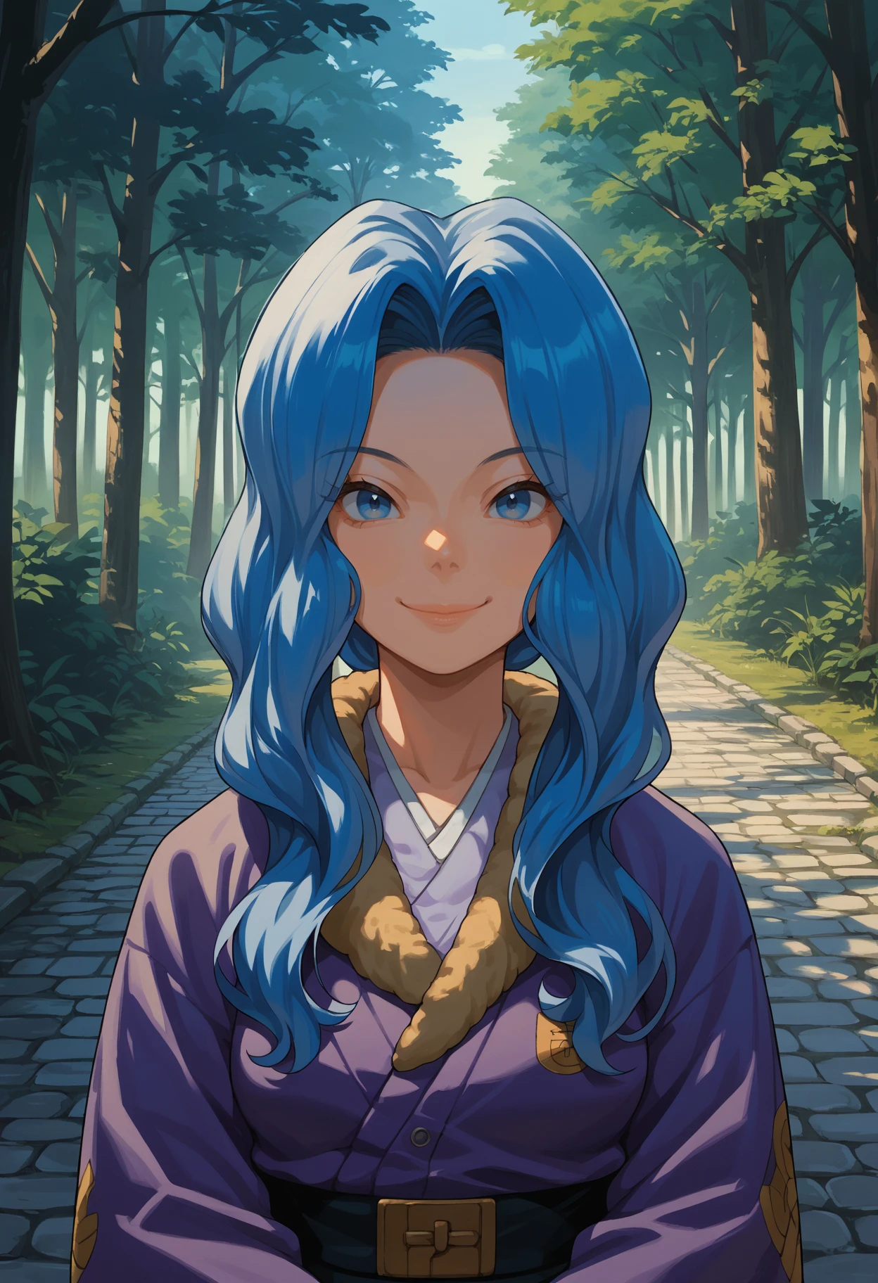 score_9, score_8_up,score_7_up, source_anime, 1girl, solo, <lora:Snq_pdxl_EliPot:1>, SQNA, long hair, blue hair, blue eyes, mature female,
purple jacket, fur trim, japanese clothes,white shirt,
standing, smile, looking at viewer, happy, forest, cobblestone, road, sunlight, upper body,