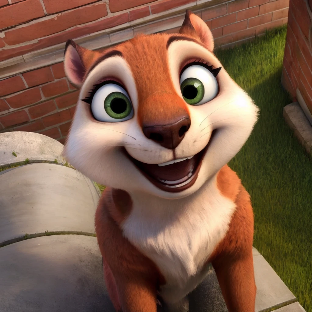 <lora:Andie:0.7>, Andie, feral, squirrel, close up, on stomach, looking up, high angle, bright green eyes, grass, city, architecture, looking at viewer, sunny, smile, open mouth, on roof, brick, <lora:Furtastic_Detailer:1>