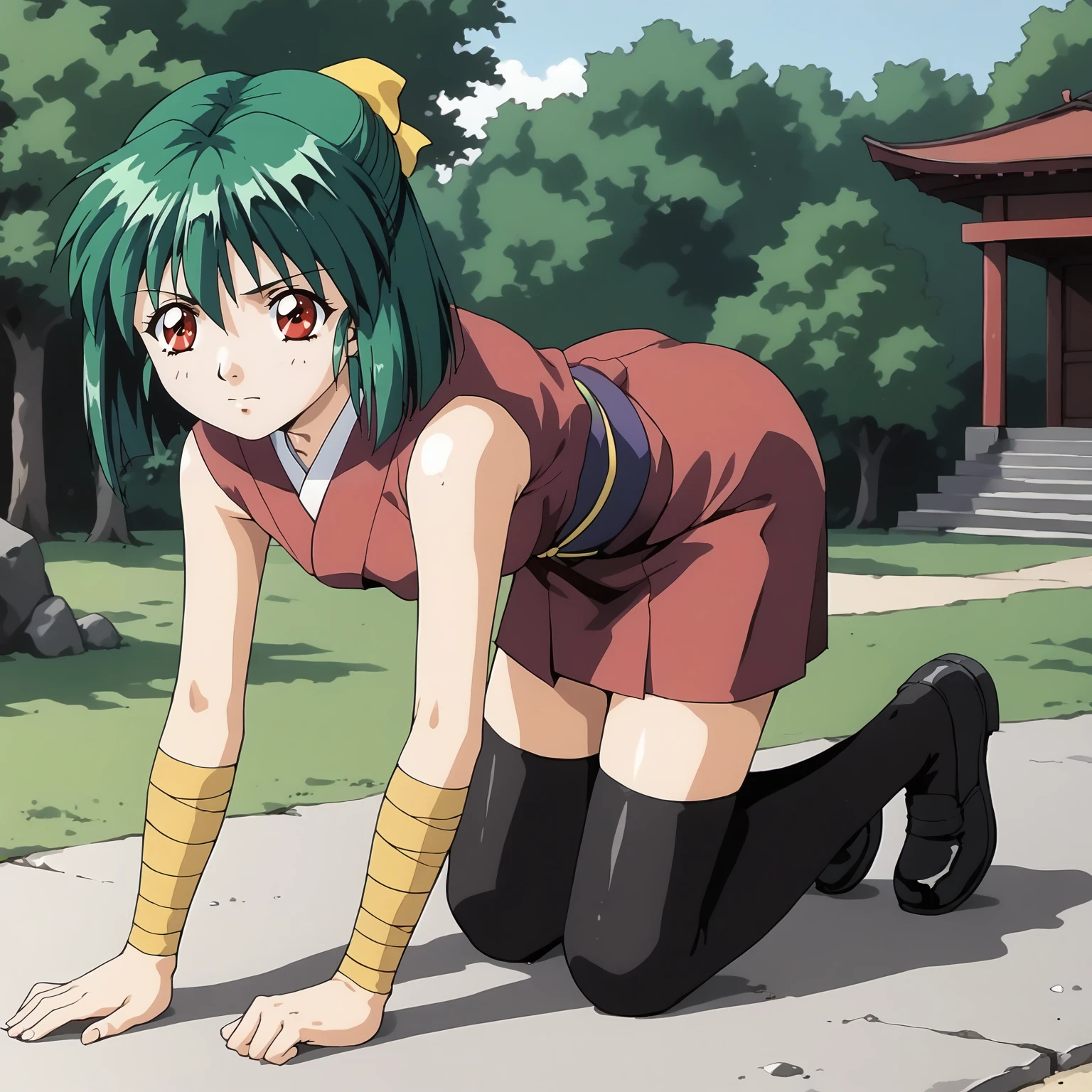 <lora:YakuXLpony003>,
solo,
Yaku,1girl,green_hair,short_hair,half updo,hair_ribbon,red_eyes,
short_kimono,sleeveless,
arm_bandages,
black thighhighs,black shoes,
all fours,
outdoors,