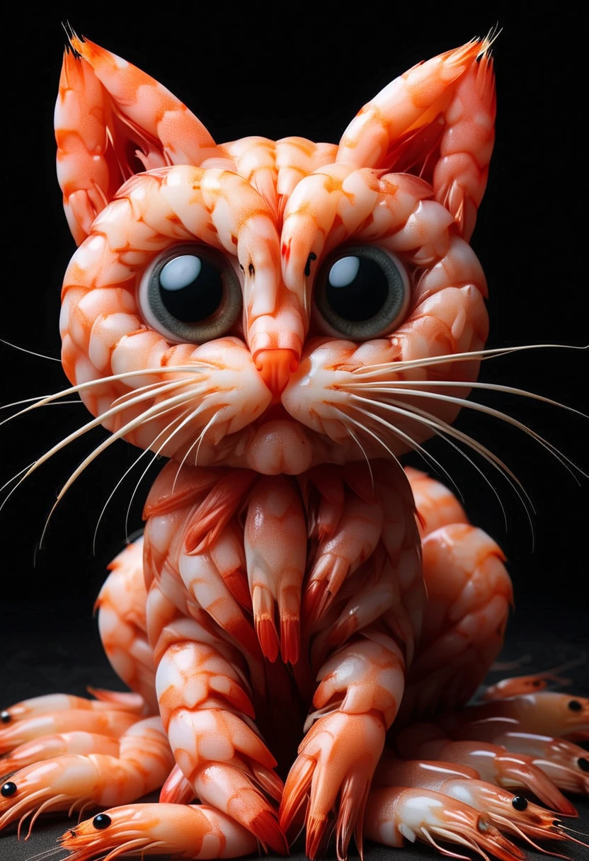 5HR1MP5, a cute cat is made of shrimps, detailed face, (big eyes:0.9), detailed eyes, (long eye lashes, ,Masterpiece,best quality, raw photo, realistic, very aesthetic