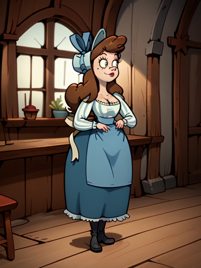 <lora:Ms_Leading_-_Misadventure_of_Flapjack:0.8>1girl, solo, brown hair, mole, long hair, blouse, striped shirt, ruffles, bonnet, bow, hat, puffy sleeves, curvy, bustle dress, blue skirt, blue apron, striped, dress, breasts, cleavage, apron, long sleeves, boots, full body, source_cartoon, score_9, score_8_up, score_7_up,