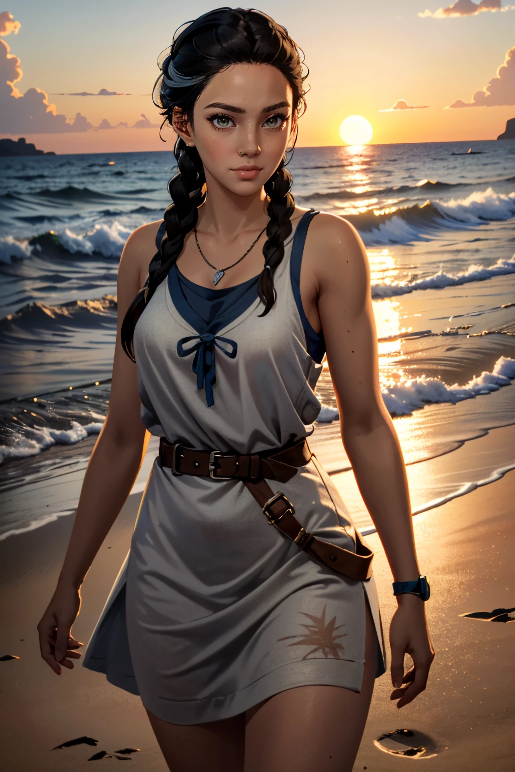 ((ultra detailed, masterpiece, absurdres))
 <lora:FC6Clara:0.8>
FC6Clara, 1girl, twin braids, dark skin, looking at viewer, on a beach during a vibrant sunset, sundress, playing with the waves