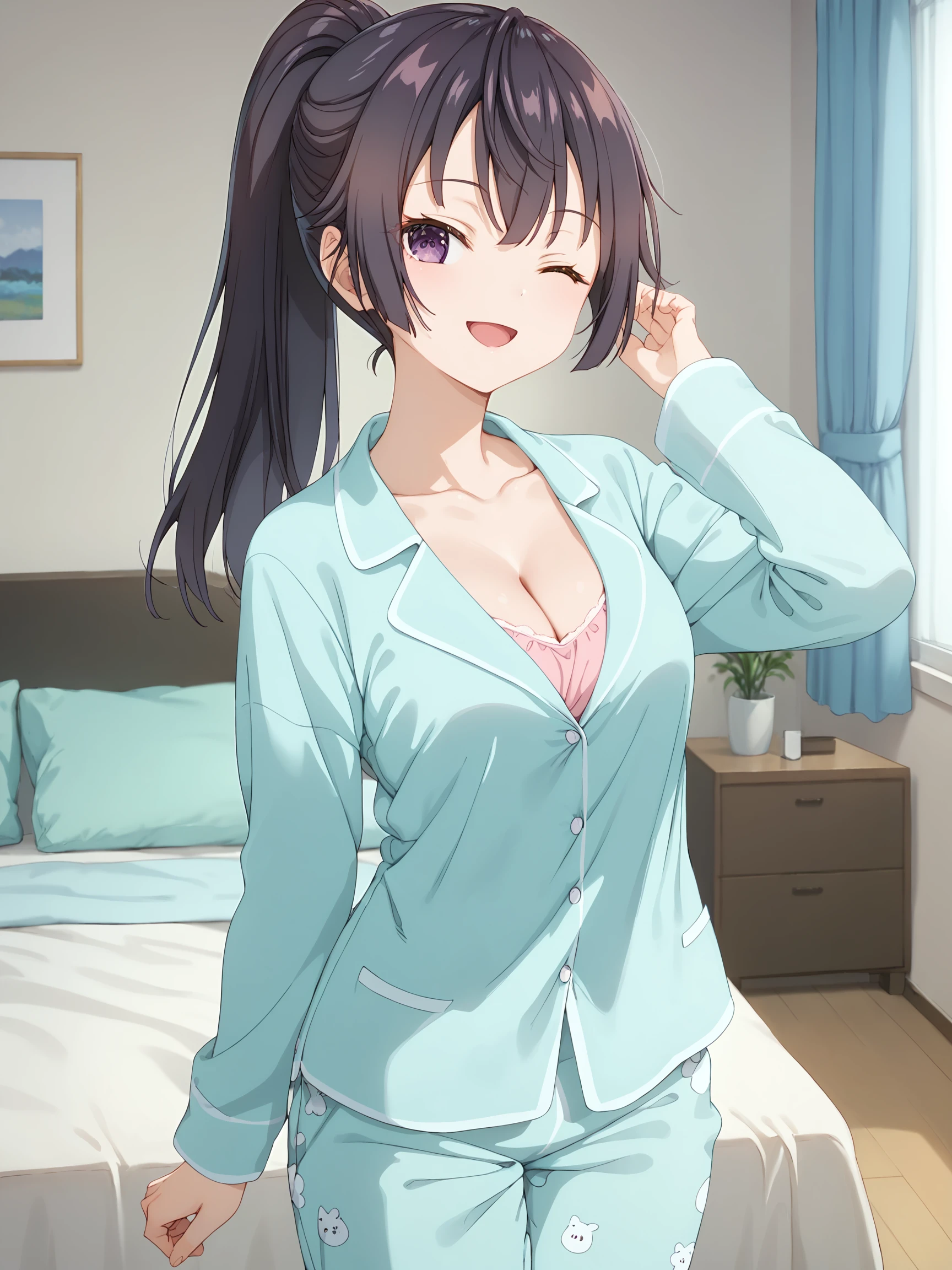 score_9, score_8_up, score_7_up, looking at viewer, bedroom, cozy room, blurry background, cowboy shot, happy, one eye closed, detailed eyes, pajamas, collarbone, cleavage, long sleeves, long pants, suouyuki_imoto, purple eyes, black hair, long hair, ponytail, 
<lora:hinaAlyaMashaYuki_wifu_v2:0.9>