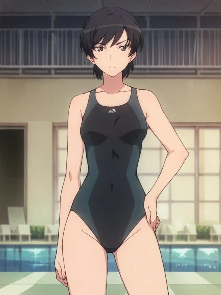 score_9, score_8_up, score_7_up, 
1girl, tsukahara hibiki, black hair, ponytail, black eyes,
medium breasts,
standing, looking at viewer, frown, hand on hip, thighs,

black swimsuit, one-piece swimsuit, indoors, school pool, 