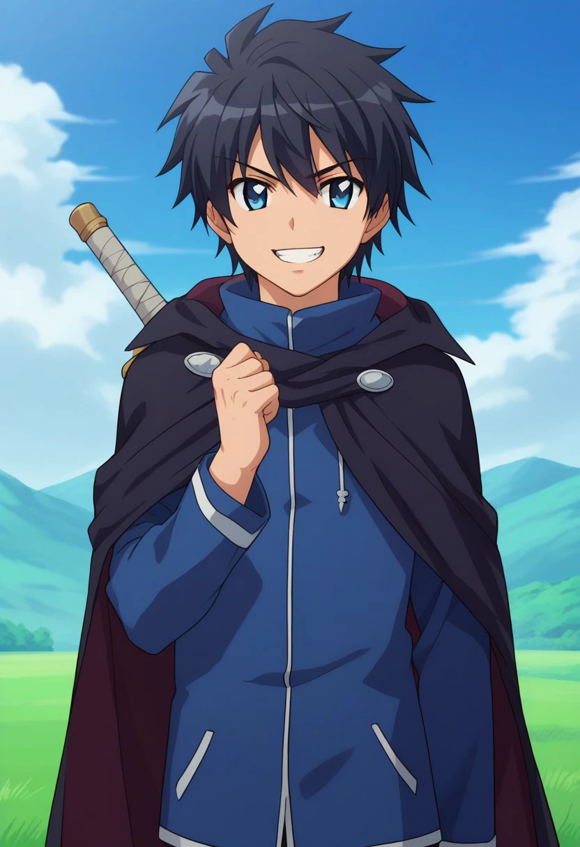 score_8_up, score_7_up, source_anime, highly detailed, 
saitohiraga, solo, 1boy, male focus, black hair, jacket, pants, upper body, standing, smile, long sleeves, blue eyes, cape, cloak, weapon, sword on back, grin, hand up, closed fist, determined,
outdoor, sky,