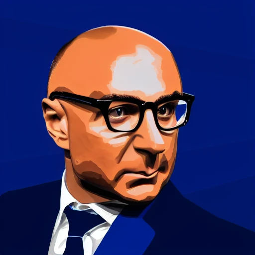 man, bald, glasses, blue suit, striped tie, white shirt, dark background, serious expression, portrait, vector illustration