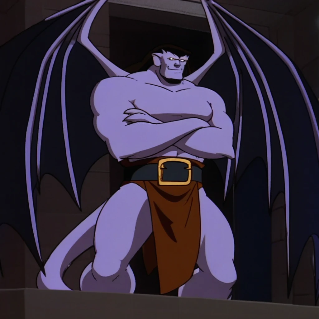goliath, highly detailed face, white eyes and black pupils, big muscular figure, muscular pecs, muscular abs, muscular arms, loincloth, tail, large open wings, demon wings, black hair, arms crossed, in a bedroom, slight smile at viewer,