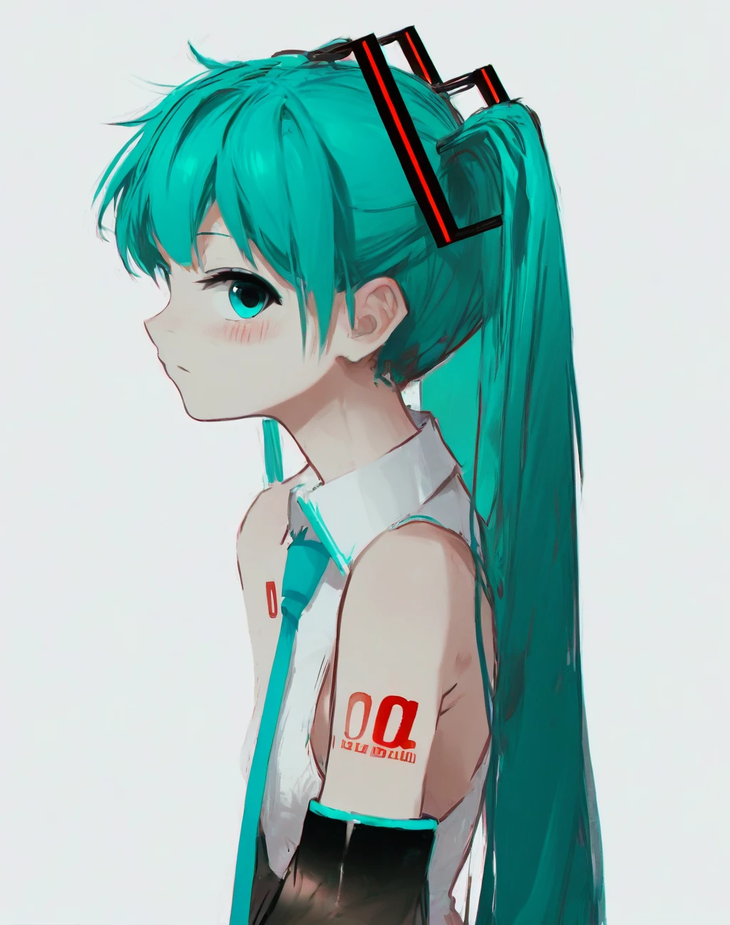 score_9, score_8_up. score_7_up, <lora:dino:1>, dino, uncensored,
 score_9, dino, 1girl, hatsune miku, long hair, twintails, detached sleeves, glitch, white background, aqua necktie, aqua hair, upper body, looking at viewer, sleeveless shirt, from side, aqua eyes, bare shoulders, simple background, hair ornament, tattoo, profile, black sleeves, collared shirt, blush, sideways glance, white shirt