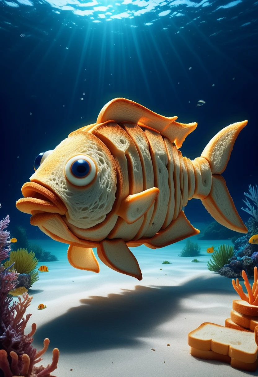 T04STS, a fish made of toasts,  swimming in the ocean, set in the ocean, with diverse marine life, glowing flora, serene ambiance, magical light, ,Masterpiece,best quality, raw photo, realistic, very aesthetic