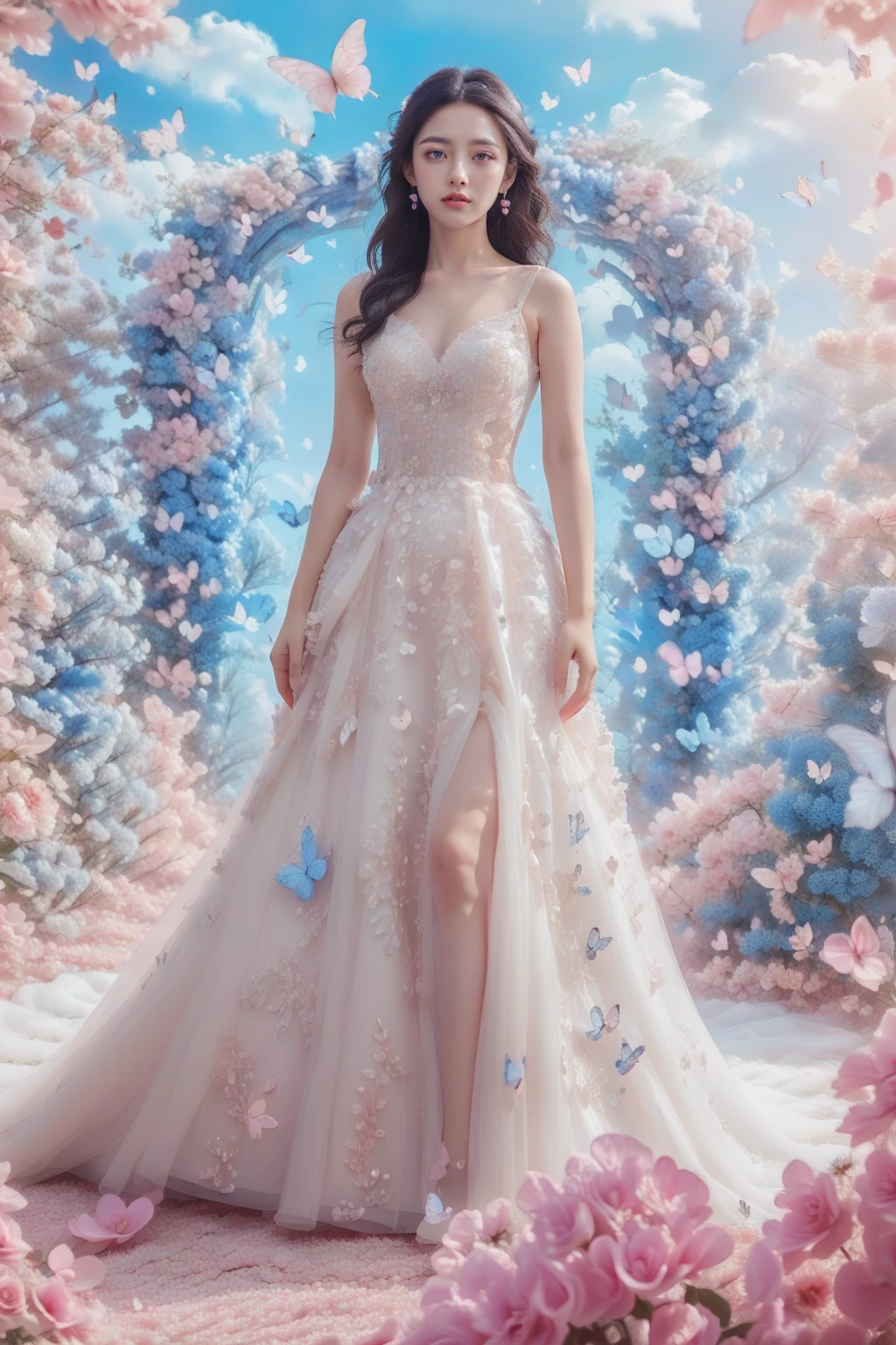 1girl, white wedding dress, looked at viewer,standing,((pink heart-shaped arch)),flying butterflies and pink flowers,fantasy, full body photo in a dreamy style, high-definition,photography,dreamy background,lighting shooting,soft lighting , super details,surrealism,panoramic style,princess dress, <lora:JAY - FLOWER GATE LOVER:0.8>, (best quality:1.3)