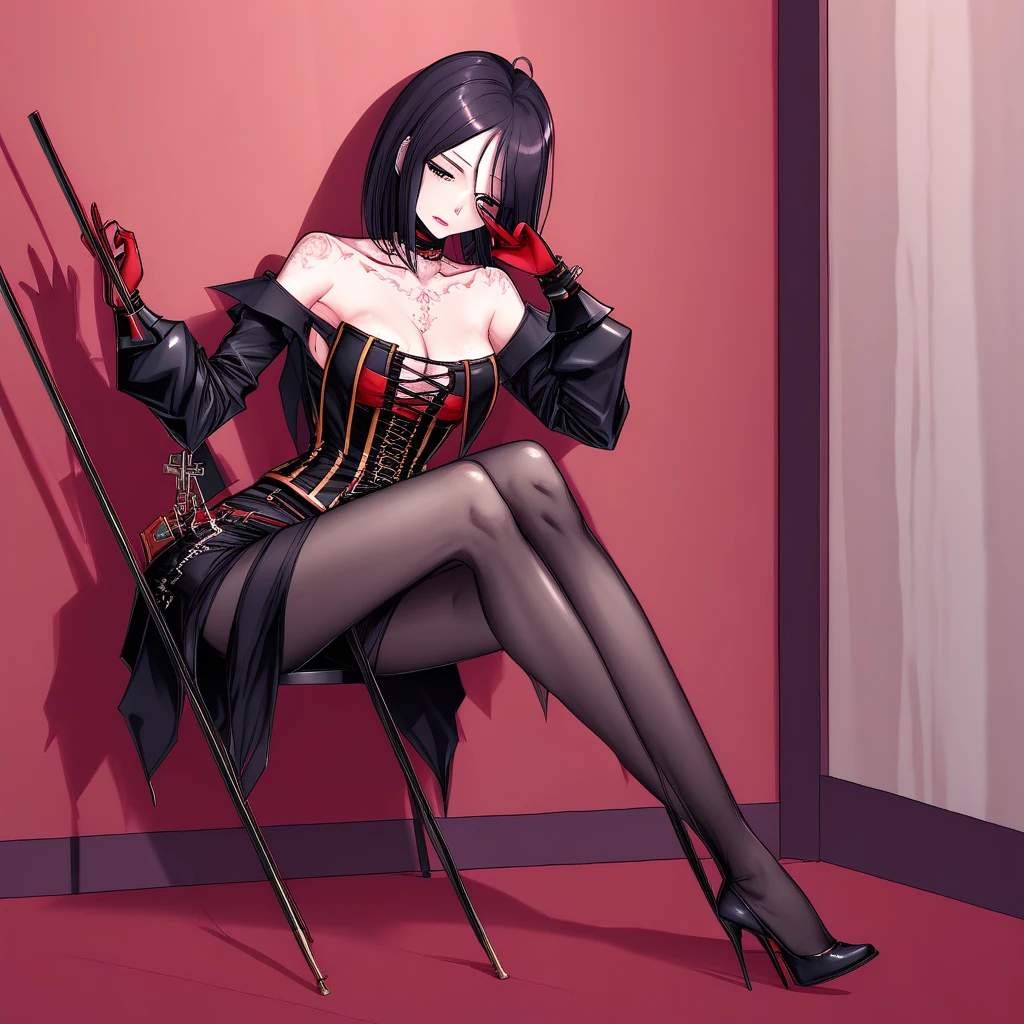 frontal shot, Sitting with Legs Crossed, mistress_dnf(left), full body, held against the wall