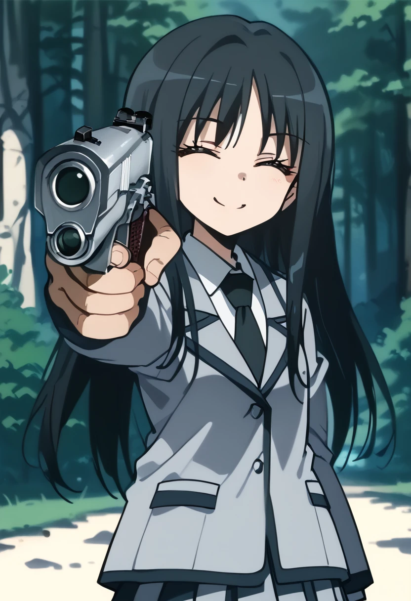 score_9,score_8_up,score_7_up,score_anime,
<lora:HandPointingAGunMeme_XLPD:1>,holding weapon,handgun,holding gun,aiming at viewer,finger on trigger,
<lora:Yukiko Kanzaki v2>,yukiko kanzaki,1girl,solo,closed eyes,smile,black hair,long hair,
school uniform,grey jacket,white shirt,black necktie,scenery,depth_of_field,