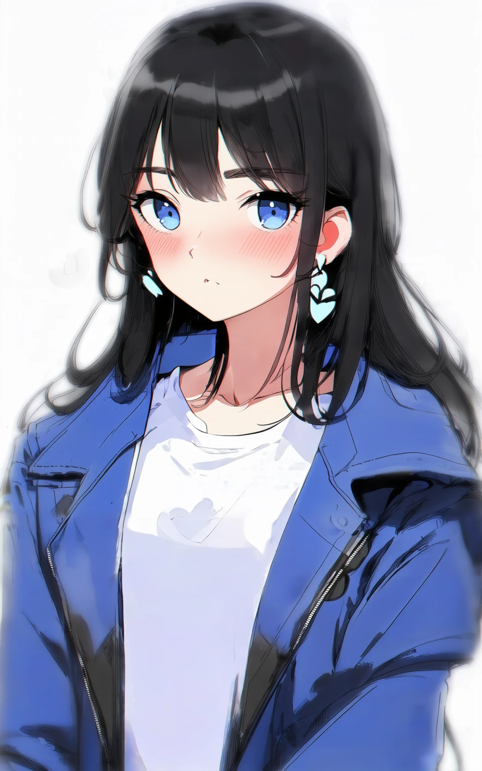 anime style, 1girl,long hair,looking at viewer,blue eyes,simple background,shirt,black hair,jewelry,jacket,white shirt,upper body,short sleeves,heart,earrings,blue jacket,shirt tucked in,heart earrings