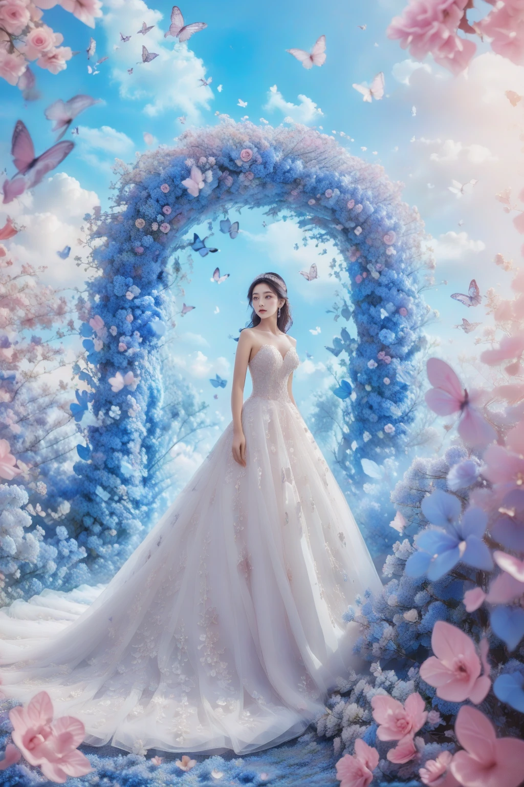 1girl, blue wedding dress, looked at viewer,blue crystal palace surrounded by flowers and trees,blue sky and clouds,against a pink dreamy background,full body shot,in the style of fantasy, high-definition,photography,dreamy background,lighting shooting,soft lighting , super details,surrealism,panoramic style,princess dress, <lora:JAY - FLOWER GATE LOVER:0.8>, (best quality:1.3)