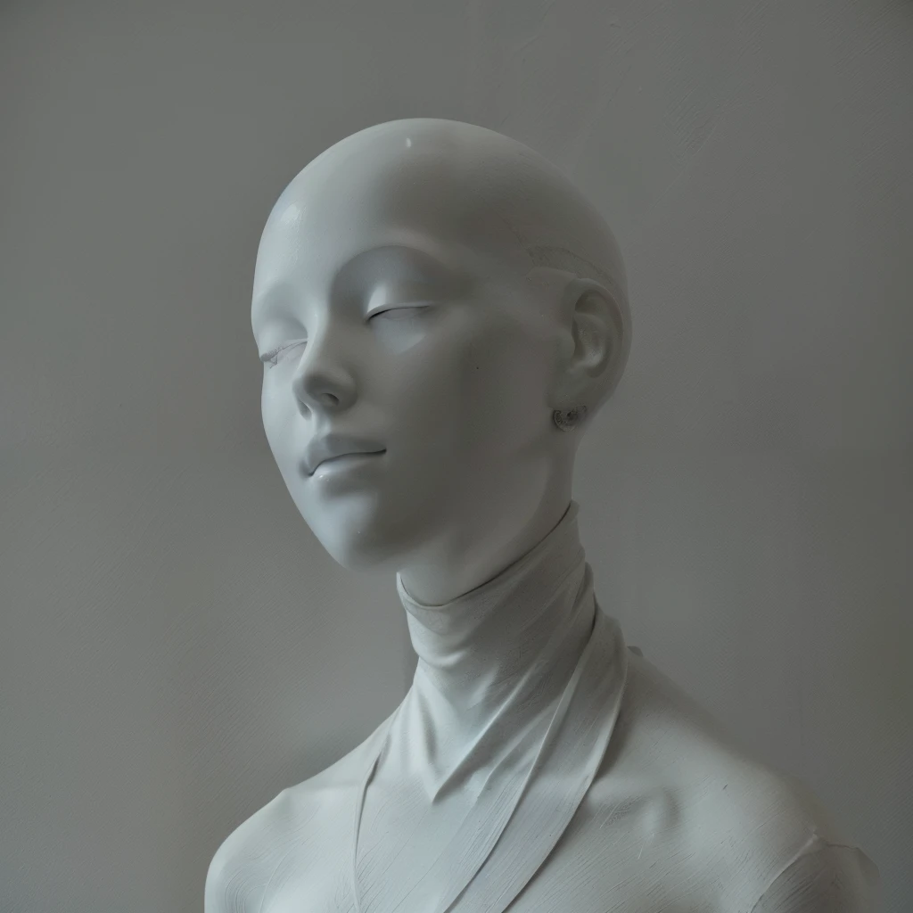 A white mannequin is standing in front of a plain white wall. It is a black and white photo. The mannequins head is completely bald. The head is facing to the right. It has a slight smile on it's face. It's eyes are closed and it's lips are slightly parted. There is