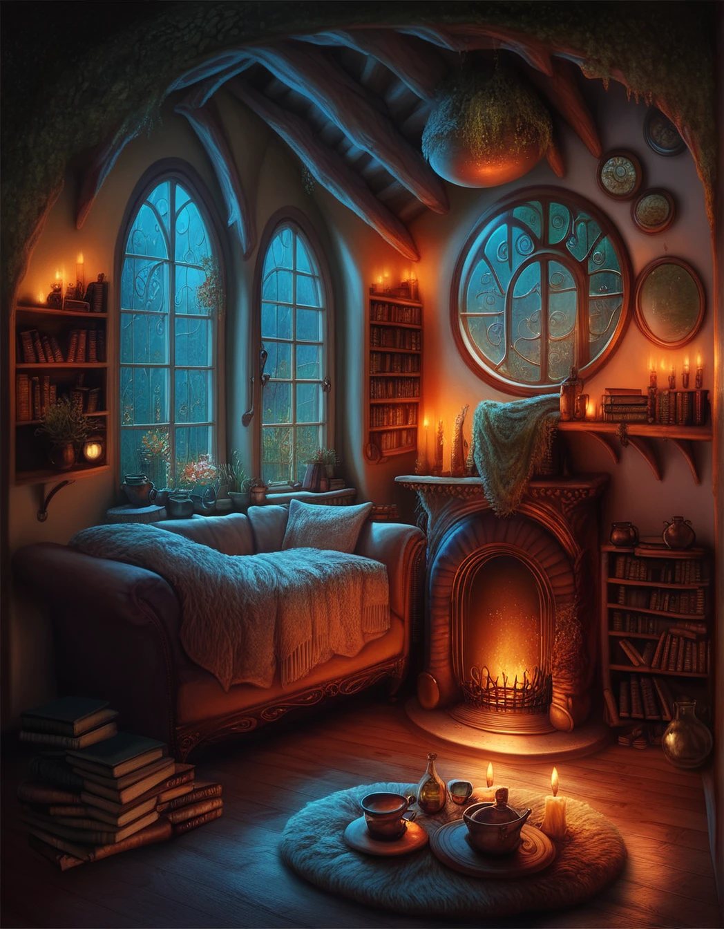 score_9, score_8_up, score_7_up,     realistic lighting, detailed background, white background, 
 <lora:Cozy_Fantasy:1>,
fireplace, round window, floating candles, day,bookshelves, wild plants, fur rug, wines, window center, moss, cauldron, 
cozy fantasy, room interior,