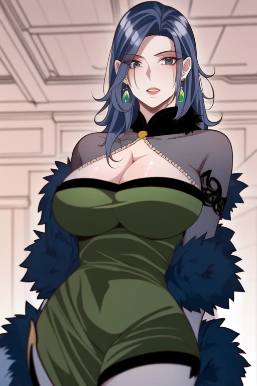 1girl, solo, mature female, large breasts, green dress, blue fur, (looking at viewer:1.2), facing viewer, (he_shiqin:1.2), cleavage, earrings, jewelry, from below