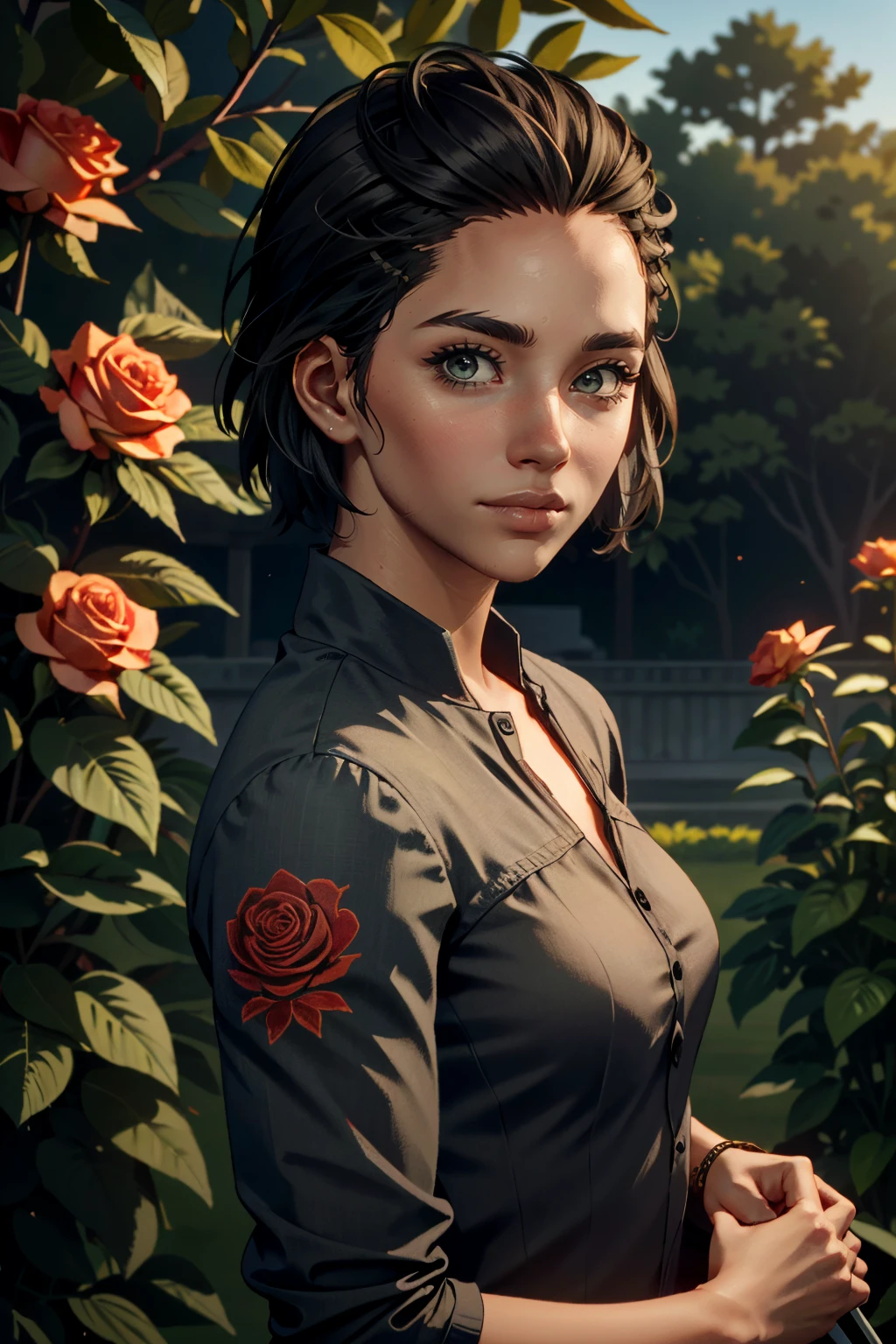 ((ultra detailed, masterpiece, absurdres))
 <lora:FC6Dany:0.8>
FC6Dany, 1girl, short hair, dark skin, looking at viewer, rose garden, gardening, floral background