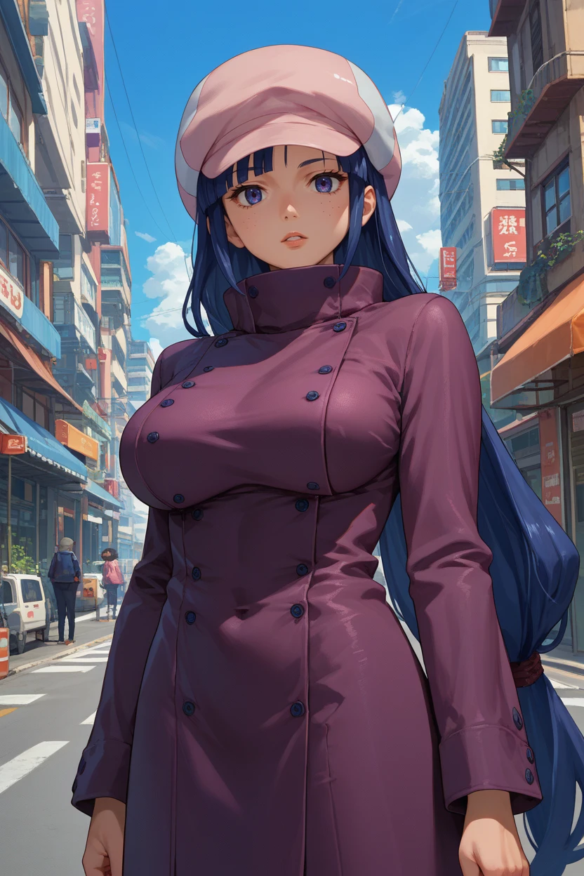 score_9, score_8_up, score_7_up, score_6_up, source_anime, 1girl, solo,  <lora:mihoshi-pdxl-nvwls-v1-000005:1> mihoshi, long hair, blue hair, cabbie hat, purple peacoat, long sleeves, big breasts, looking at you, parted lips, city, blue sky, whole body, standing