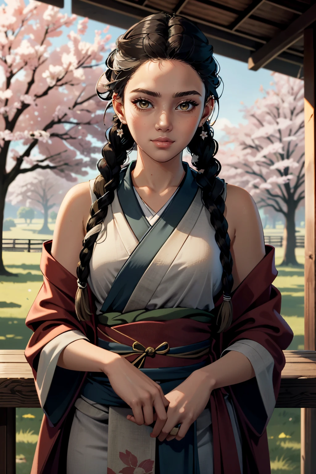 ((ultra detailed, masterpiece, absurdres))
 <lora:FC6Clara:0.8>
FC6Clara, 1girl, twin braids, dark skin, looking at viewer, in a traditional kimono, surrounded by cherry blossoms