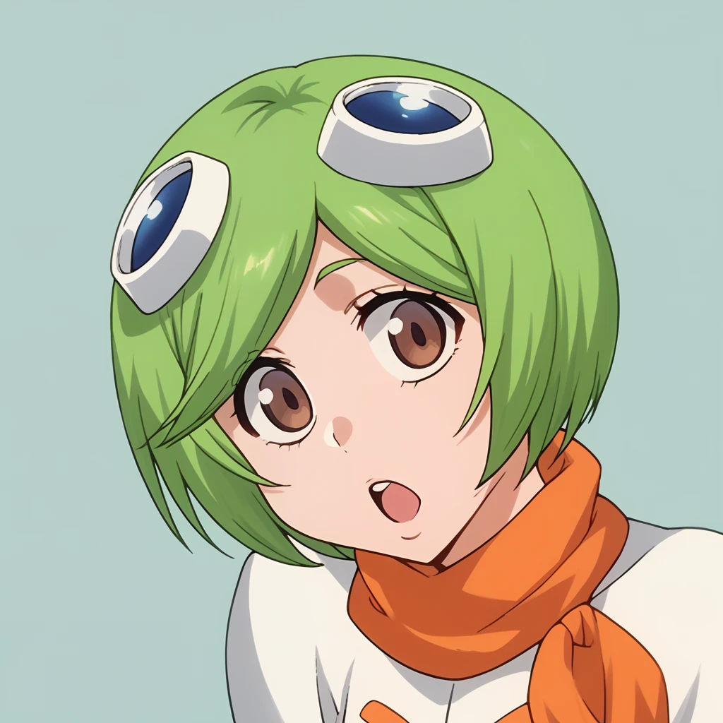 score_9, score_8_up, score_7_up, score_6_up, score_5_up, score_4_up, mashirokuna, portrait, 1girl, green hair, goggles, orange scarf, short hair, brown eyes, open mouth, looking at viewer, white bodysuit, face, looking at viewer, simple background, from side, ,