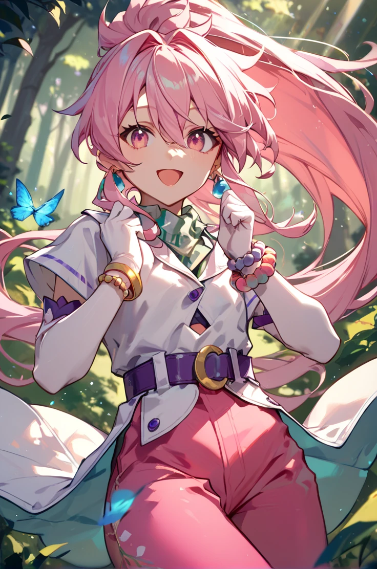 score_9, score_8_up, score_7_up, source_anime, 
forest,
cowboy shot, open smile, 
<lora:arche_autismConfetti_v02:1>archebase, pink hair, high ponytail, pink eyes,  long hair, earring, hair between eyes,
white shirt, belt, pink pants, puffy pants, elbow gloves, purple belt, bracelet, green neckercheif,  white coat tails,, zPDXL