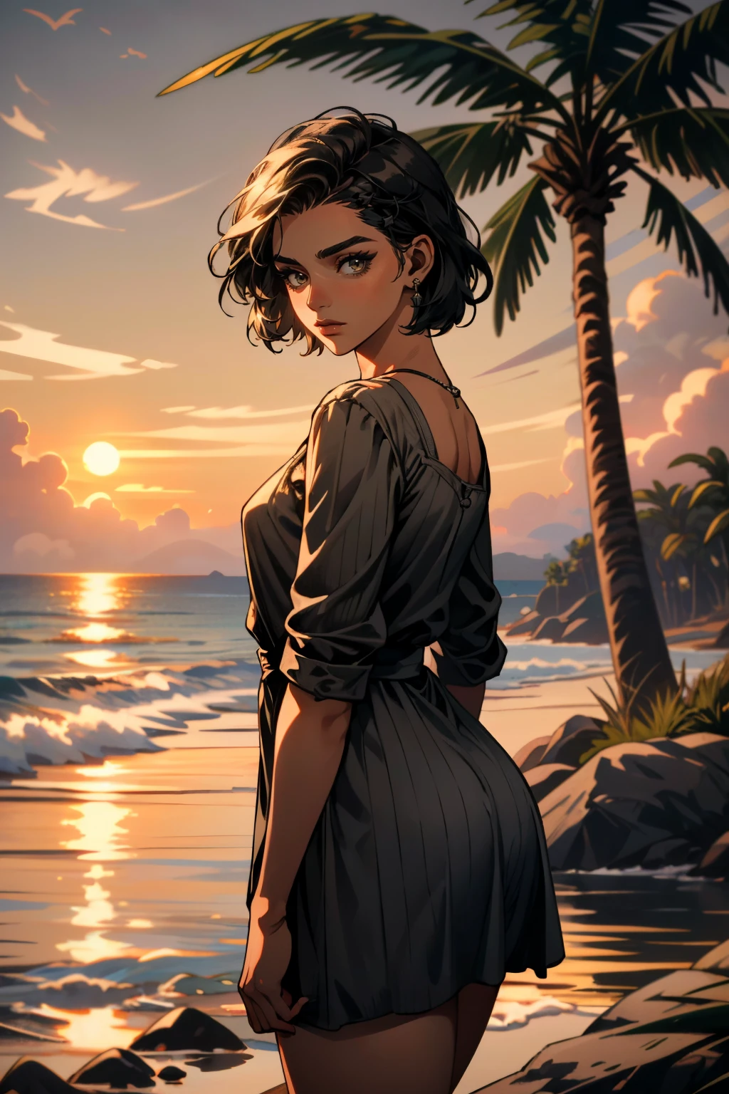 ((ultra detailed, masterpiece, absurdres))
 <lora:FC6Dany:0.8>
FC6Dany, 1girl, short hair, dark skin, looking at viewer, at the beach, minidress, palm trees, sundown