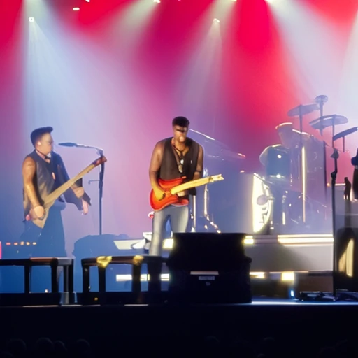 rock concert, stage, multiple boys, guitar, drum, red lights