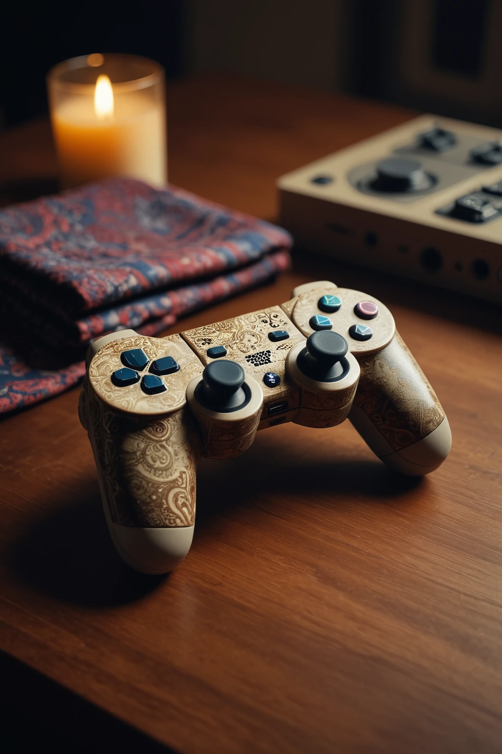 cinematic still a Playstation Controller made out of batik fabrics on the table, masterpiece, UHD, sharp and in focus, <lora:Indonesian_Batik_Morph:1> . emotional, harmonious, vignette, highly detailed, high budget, bokeh, cinemascope, moody, epic, gorgeous, film grain, grainy