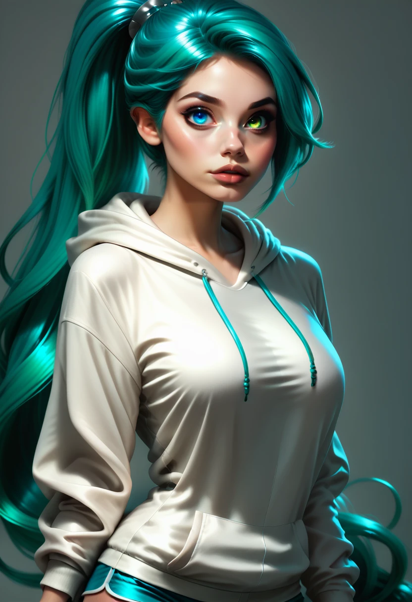 score_9, score_8_up, score_7_up,
1girl, solo, cowboy shot, aqua hair, very long hair, high ponytail, white hoodie, long hoodie, short shorts.
<lora:Dark_Heterochromia_Pony_v0.3:1.0> heterochromia, green eyes, left eye green, blue eyes, right eye blue,