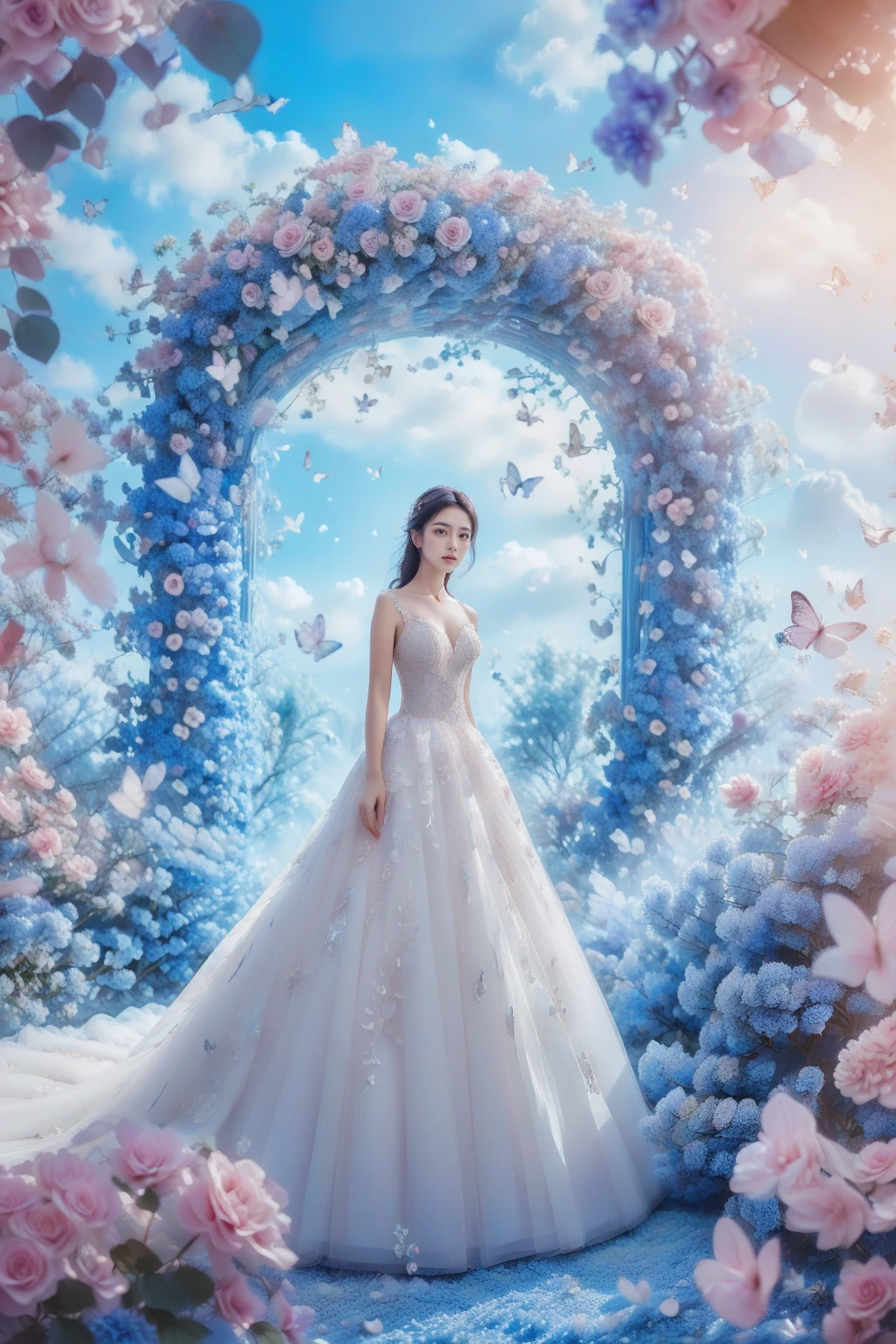 1girl, blue wedding dress, looked at viewer,blue crystal palace surrounded by flowers and trees,blue sky and clouds,against a pink dreamy background,full body shot,in the style of fantasy, high-definition,photography,dreamy background,lighting shooting,soft lighting , super details,surrealism,panoramic style,princess dress, <lora:JAY - FLOWER GATE LOVER:0.8>, (best quality:1.3)