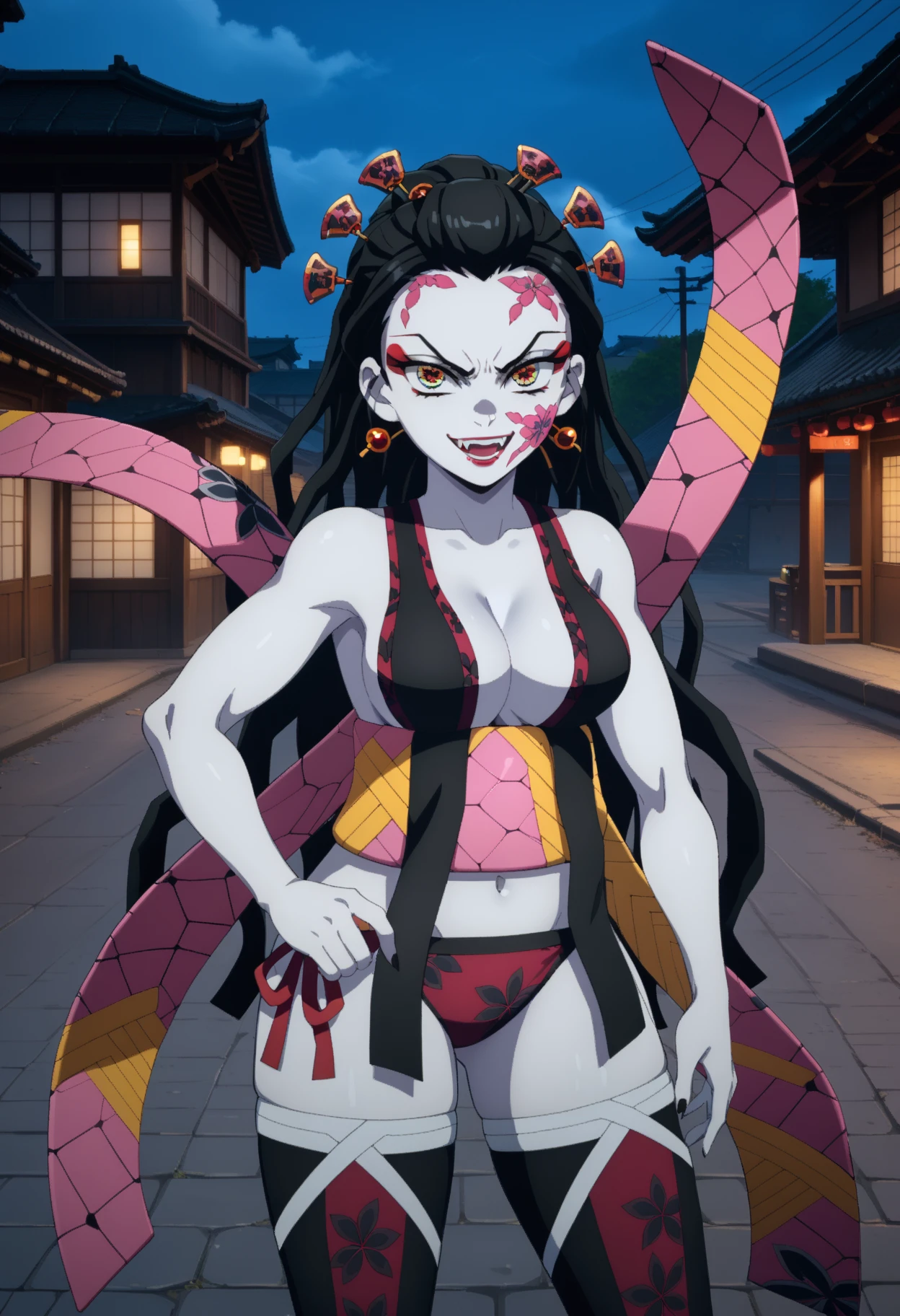 score_9,
<lora:KimetsuNoYaiba_DakiXL:0.9>, DakiKnY,
1girl, solo, open mouth, evil smile, fangs,
black hair, multicolored eyes, long hair, hair ornament, hair stick, facial mark, makeup, lipstick,
(colored skin:1.2),
japanese clothes, bare shoulders, print bra, black bra,  obi, sash, navel, print panties, black panties, print thighhighs, black thighhighs,
standing, looking at viewer, solo focus,
outdoors, blurry background, photo background, night, building, wood