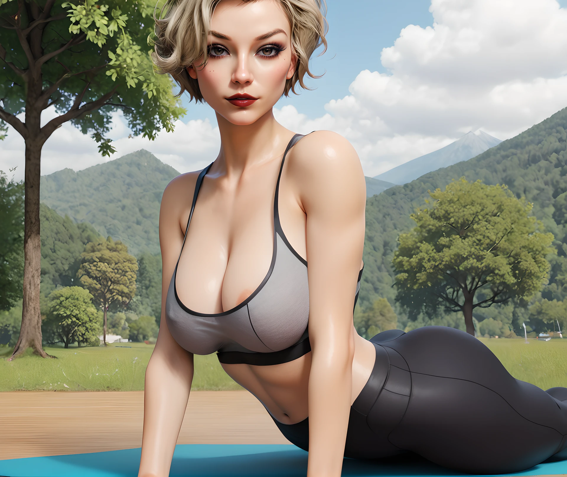 1girl, solo, jade, short hair, blonde hair, makeup, medium breasts, looking at the viewer, makeup, eyes makeup, brown eyes, <lora:Prof._Jade_Burke_-_Being_a_DIK:0.9>
BREAK
level_9, level_8_up, level_7_up, level_6_up, level_5_up, source_cartoon, masterpiece 
BREAK
outdoor, yoga, yoga pants, sports bra, yoga mat, trees, sunny day